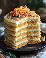 Layered carrot cake pancakes stacked high with cream cheese filling, topped with fresh grated carrots and herbs on dark plate against rustic wooden background.