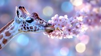 Giraffe eating cherry blossom flowers with soft bokeh background in spring season for nature and wildlife photography projects.