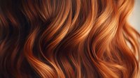 Luxurious wavy copper and brown hair with natural highlights creates flowing pattern. Close up of shiny healthy hair strands showing professional styling and care.