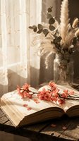 Open book with pink cherry blossoms and dried pampas grass in warm sunlight creating peaceful reading atmosphere for relaxation and mindfulness.