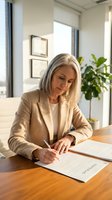 Professional mature blonde businesswoman in beige suit signing contract documents at modern office desk with natural lighting and plants.