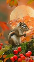 Chipmunk sitting on mossy log surrounded by autumn foliage, red berries, and golden sunlight creating magical fall atmosphere in forest.