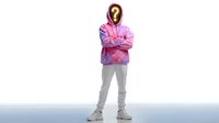 Person wearing pink tie-dye hoodie and light gray pants standing confidently with crossed arms, question mark symbol replacing head on white background, isolated figure.