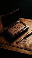 Wooden box with the word LOVE carved inside, chisel and shavings on a rustic table, warm moody lighting for romantic and artisan concepts.