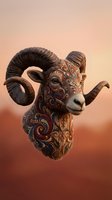 Ornate ram head sculpture with intricate carved patterns and swirling designs on warm gradient background for decorative art projects.