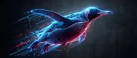 Digital bird silhouette with glowing blue and red energy trails on dark background for modern tech designs and futuristic concepts.