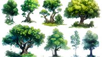 Watercolor collection of green trees with detailed trunks and foliage, painted in soft natural shades on white background, suitable for nature-themed designs.