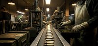 Industrial manufacturing worker operating precision machinery in modern factory production line with metal components and assembly equipment.