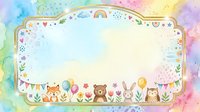 Watercolor baby shower card frame with cute woodland animals, rainbow, balloons, and bunting on pastel background with copy space.