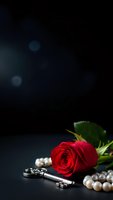 Red rose with pearl necklace and vintage key on dark background for romantic occasions, Valentine's Day, anniversary celebrations and luxury concepts.