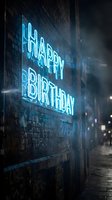 Glowing cyan neon sign displaying happy birthday message on dark brick wall in urban alley at night, suitable for celebration and party event designs.
