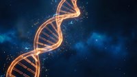 Glowing DNA double helix structure with golden light effects against deep blue cosmic background for genetics research and biotechnology concepts.
