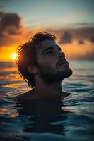 Young Mediterranean man with beard swimming in ocean at sunset, dramatic golden light illuminates profile against dark water and vibrant sky background.
