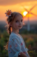 Young girl with braided hair and flower accessory poses at sunset with windmill silhouette in background, wearing white floral dress. Golden hour portrait captures innocence.