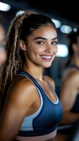 Young mixed-race woman with dreadlocks smiling confidently in gym wearing blue sports bra during fitness workout session with blurred background lighting.