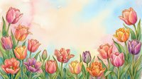 Watercolor tulips in pink, orange, purple, and yellow bloom along the bottom, framing a soft pastel sky background with copy space.