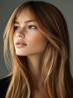 Young Caucasian woman with honey blonde hair, natural freckles, and green eyes looking up dreamily against dark background. Soft beauty portrait showcasing natural makeup.