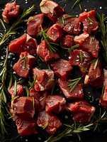 Raw beef chunks seasoned with sea salt and fresh rosemary sprigs arranged on dark stone background, ready for cooking, close up view of fresh meat preparation.