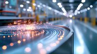 Sparks fly from industrial machinery on curved metal surface with blurred bokeh lights in manufacturing facility background, creating dynamic motion effect.