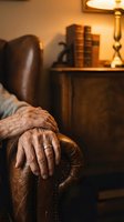 Elderly hands resting on wooden cane in warm living room with vintage furniture and soft lighting creating peaceful retirement atmosphere.