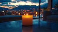 Glowing candle on balcony at dusk with city lights and mountain silhouettes in background creating romantic evening atmosphere for meditation and relaxation.