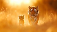 Bengal tiger and cub walking through tall grass at golden sunset, creating dramatic silhouettes against warm backlit atmosphere in natural habitat.