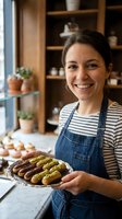 Woman baker holding tray of freshly baked eclairs in kitchen. Female pastry chef displaying chocolate and pistachio desserts in apron, ready for bakery or culinary content.