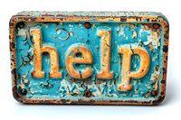 Vintage weathered metal help sign with peeling turquoise paint and rusty orange letters, perfect for retro design projects and nostalgic themes in advertising or web design.