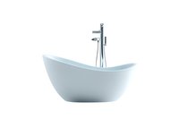Modern freestanding white bathtub with chrome floor-mounted faucet on pure white background, luxury bathroom fixture isolated for interior design projects.