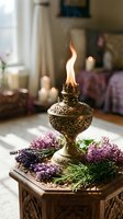 Ornate brass oil lamp with flame surrounded by purple lavender flowers on wooden table in cozy home interior with candles and soft natural lighting.