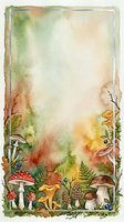 Watercolor autumn forest frame with mushrooms, ferns and leaves creating natural border for seasonal designs and invitations.