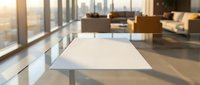 Modern office conference room with white table and city skyline view through floor-to-ceiling windows during golden hour sunset lighting.