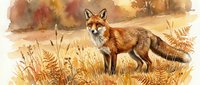 Red fox standing in autumn meadow with golden grass and warm watercolor background for wildlife nature designs.