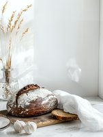 Rustic sourdough bread loaf on wooden board with dried wheat stalks in crystal vase, garlic bulbs and white linen napkin against light wall, moody food styling.
