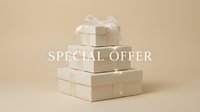 Stacked white gift boxes with ribbon bow on beige background, special offer text overlay for holiday sale promotion banner.