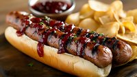 Grilled sausage in soft bun topped with cranberry sauce and fresh herbs, served with potato chips on wooden board, close up view of gourmet hot dog.