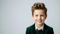 Young boy, approximately 8-10 years old, Caucasian ethnicity, with light brown wavy hair, smiling at camera wearing dark green blazer over gray sweater and white collared shirt. Studio portrait on neutral background for children's fashion, education, and family-related projects.