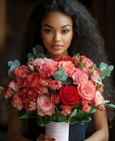 Young African American woman with curly hair holding elegant bouquet of pink and red roses, carnations with eucalyptus leaves in striped vase for romantic occasions.