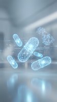 Digital pharmaceutical capsules with wireframe mesh design floating in futuristic medical laboratory environment for healthcare technology applications.