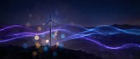 Wind turbine silhouette against starry night sky with flowing purple and blue energy waves, renewable power concept for sustainable technology designs.