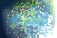 Abstract dotted pattern with gradient transition from dark navy to bright blue and lime green spots, creating dynamic halftone effect on dark background.