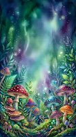 Enchanted forest floor with whimsical mushrooms, glowing plants, and magical aurora lights creating a mystical woodland fantasy scene for children's book illustrations and imaginative design projects.