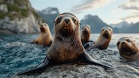 Curious sea lions swimming in cold ocean waters with mountain backdrop, close-up portrait of playful marine mammals emerging from water surface at sunset.