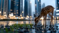 Young spotted deer fawn drinking from puddle in urban environment with blurred city lights and skyscrapers at dusk, magical nature meets metropolis scene.