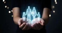 Hands holding glowing family silhouettes representing protection, care and insurance coverage with bokeh lights background for financial security concepts.