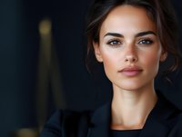 Young Mediterranean woman with natural makeup wearing black blazer against dark background, professional headshot with soft lighting and confident expression.