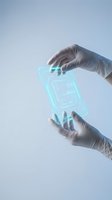 Hands in white latex gloves holding glowing turquoise neon smartphone interface against light blue background. Use for technology, innovation, digital healthcare, and futuristic app development concepts.