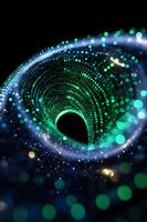 Abstract spiral tunnel of glowing green and blue particles with bokeh effect on dark background, creating magical cosmic portal atmosphere.