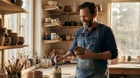 Middle-aged Caucasian male artisan wearing denim apron working with wooden bowl in bright studio workshop with shelves of pottery supplies and natural window light.