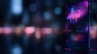 Glowing smartphone displaying neon pink financial charts and data visualization against dark blurred city background with bokeh lights. Modern business analytics concept.
